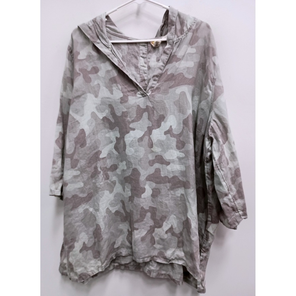 C&C California Linen Camo Hoodie Top Womens 2X Grey 3/4 Sleeve Coastal